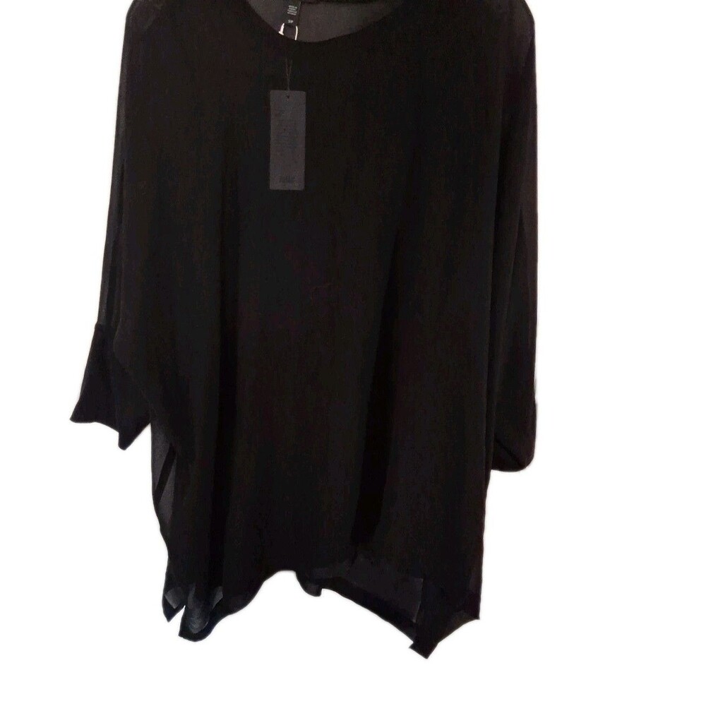 EILEEN FISHER  Black Silk Georgette Crepe Top with Sheer Sleeves Blouse Size S/P
